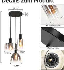 ZMH Suspension Verre 3/4 Flammes E27 Gris Fumée 180cm Lampe à suspension Cage D'escalier