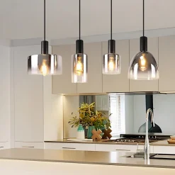 ZMH Suspension verre 4 luminaire suspension E27 Gris Fumée 180cm Suspension Noire Cage D'escalier