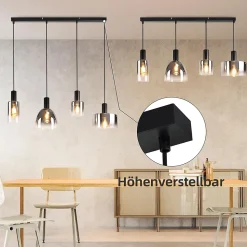 ZMH Suspension verre 4 luminaire suspension E27 Gris Fumée 180cm Suspension Noire Cage D'escalier