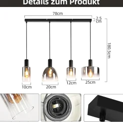 ZMH Suspension verre 4 luminaire suspension E27 Gris Fumée 180cm Suspension Noire Cage D'escalier