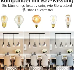 ZMH Suspension verre 4 luminaire suspension E27 Gris Fumée 180cm Suspension Noire Cage D'escalier