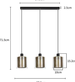 ZMH Suspension Vintage 3 Flammes Verre Métal Réglable Noir E14