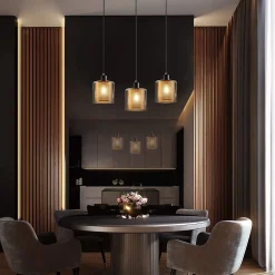 ZMH Suspension Vintage 3 Flammes Verre Métal Réglable Noir E14